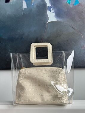 STAUD Cream Croc-Embossed Clear Tote with Square Handle